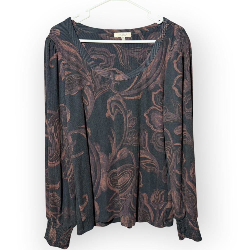 Angels Forever Young Womens XL Brown Black Floral Ribbed Scoop Neck Blouse Top